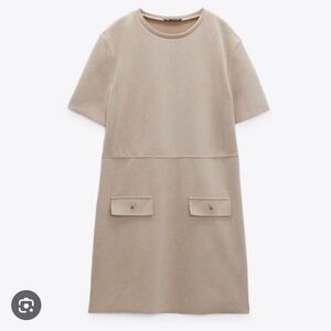 Zara Beige Short-Sleeve Pocket Shift Dress
